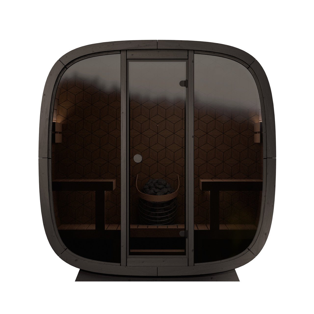 Leil Black Cube Collection of modern outdoor saunas with black glass fronts